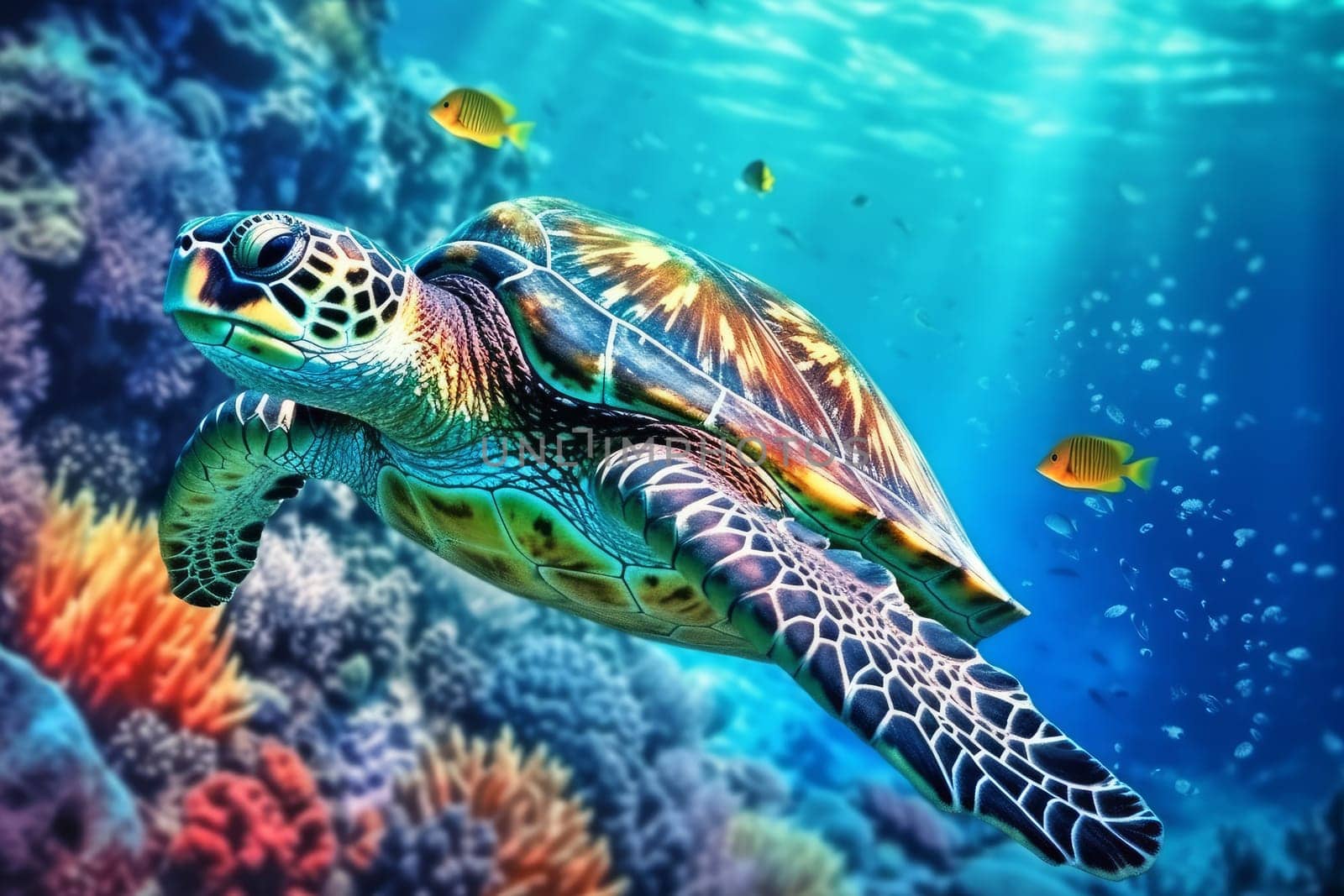 Turtle swim sea. Coral dive. Generate Ai