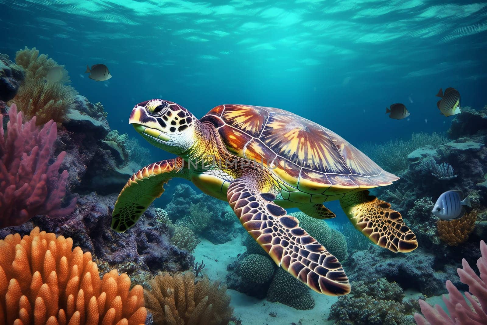 Turtle underwater swim. Generate Ai by ylivdesign