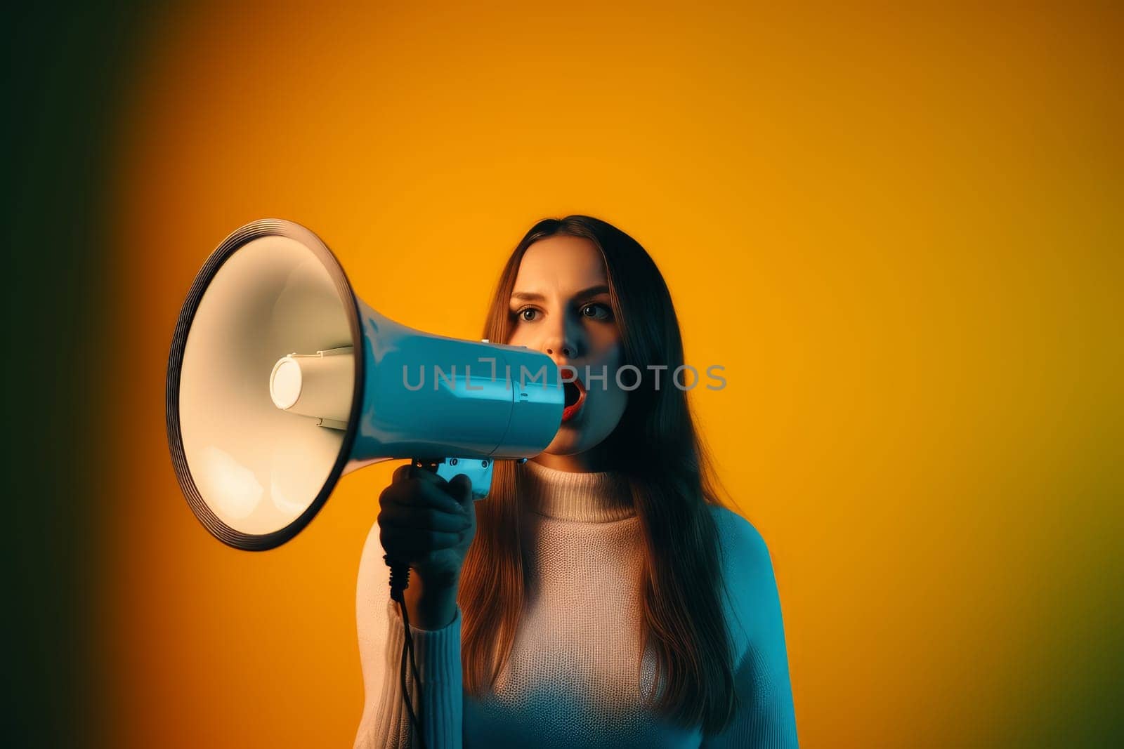 Woman megaphone scream. News female. Fictional person. Generate Ai