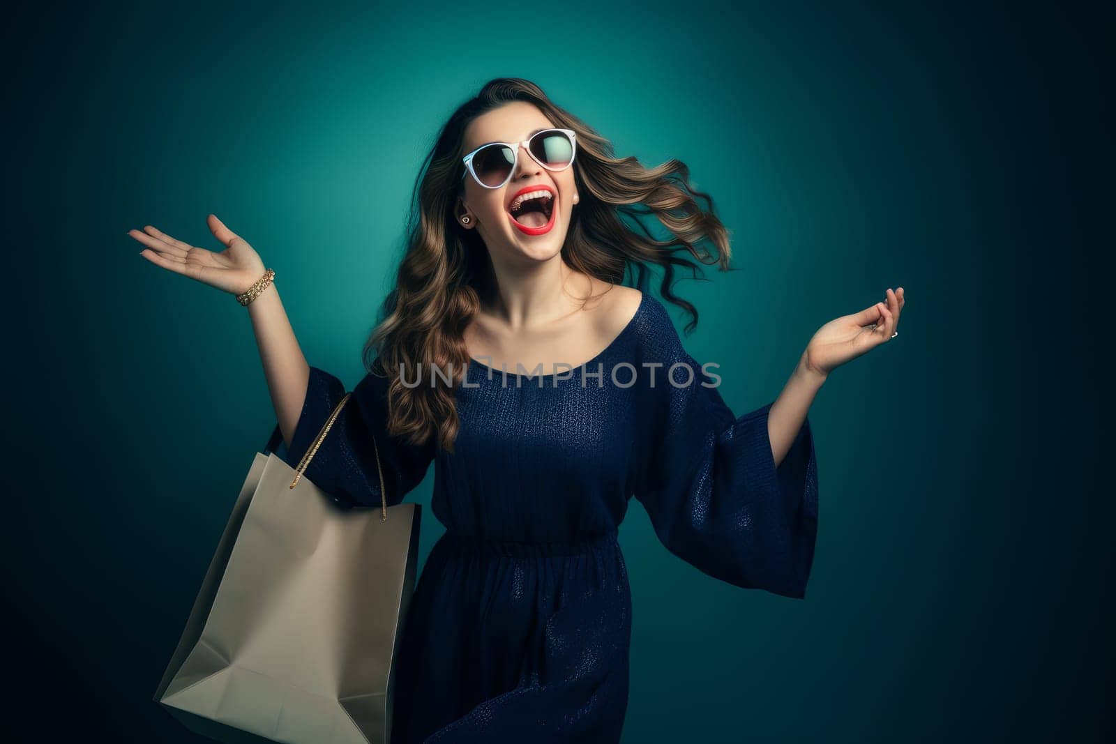 Happy woman shopping. Customer buy. Fictional person. Generate Ai