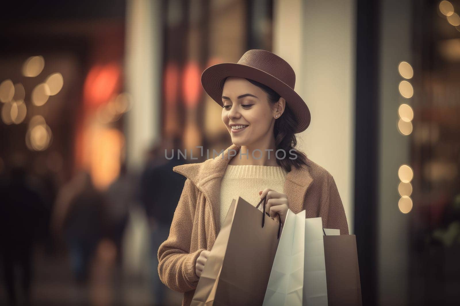 Fashion woman shopping. Happy buy. Fictional person. Generate Ai