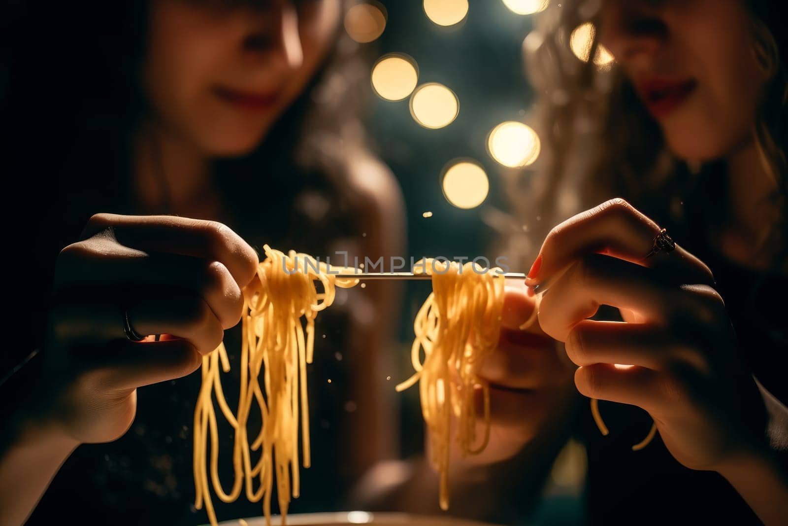 Woman eat spaghetti. Delicious eating. Fictional person. Generate Ai