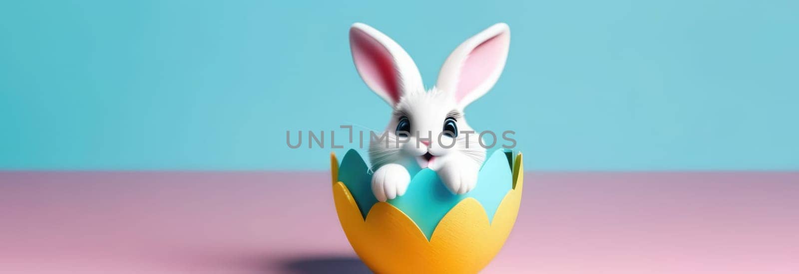 Easter banner with cute Easter bunny hatching from pastel color Easter egg on pastel color background. Illustration of Easter rabbit sitting in cracked eggshell. Happy Easter greeting card. Copy space