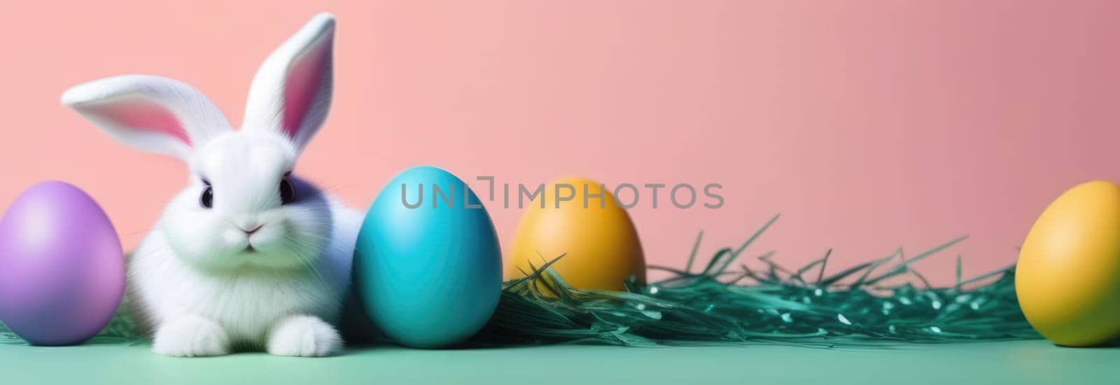 Easter banner with cute Easter bunny hatching from pastel color Easter egg on pastel color background. Illustration of Easter rabbit sitting in cracked eggshell. Happy Easter greeting card. Copy space