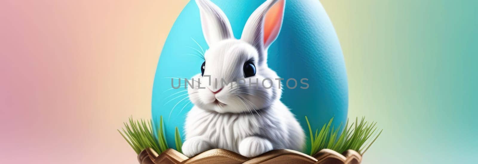 Easter banner with cute Easter bunny hatching from pastel color Easter egg on pastel color background. Illustration of Easter rabbit sitting in cracked eggshell. Happy Easter greeting card. Copy space