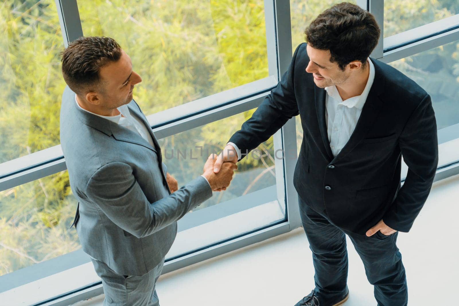 Businessman handshake with another businessman partner in modern workplace office. People corporate business deals concept. uds