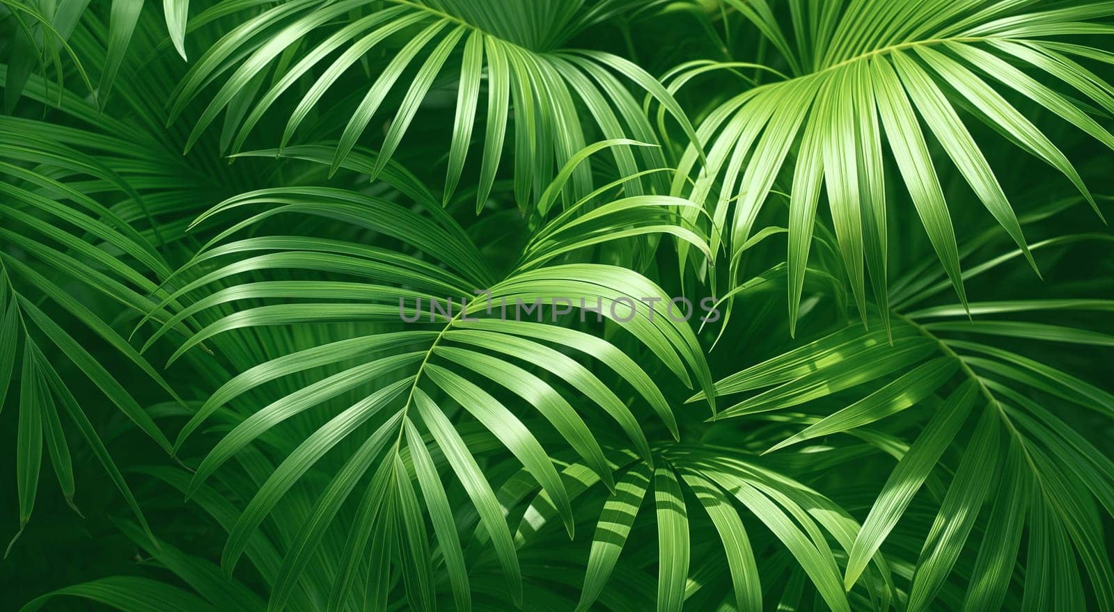 Lush green palm leaves creating a vibrant, tropical texture. by kizuneko