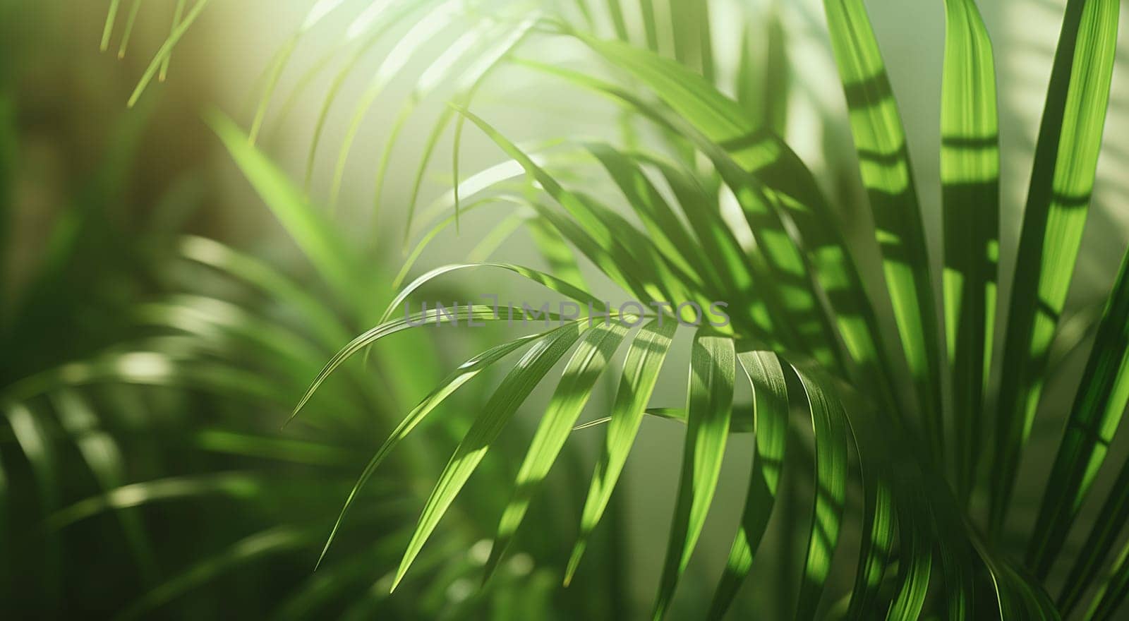 Lush green palm leaves bask in vibrant sunlight with a soft-focus background by kizuneko