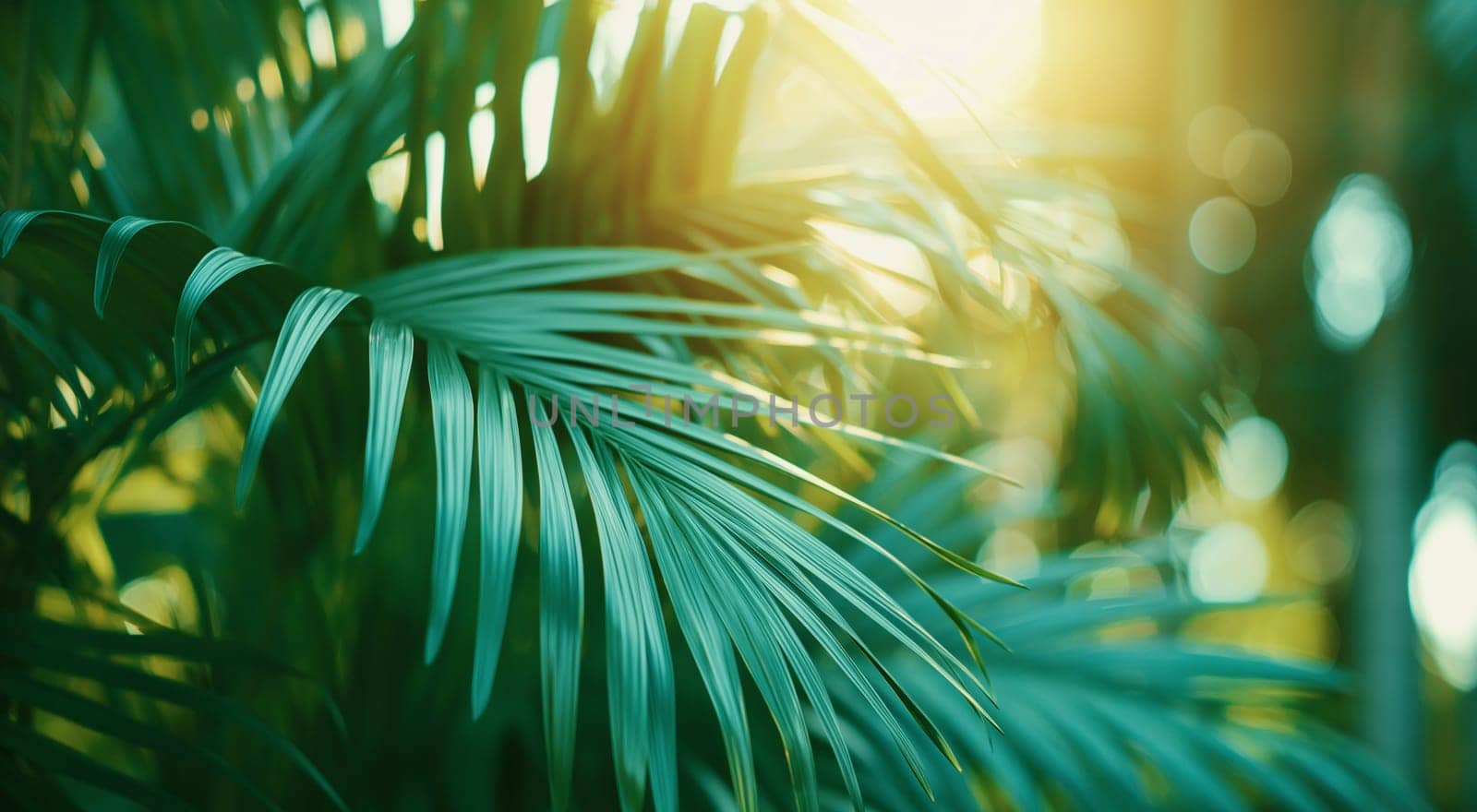 Lush green palm leaves bask in vibrant sunlight with a soft-focus background by kizuneko