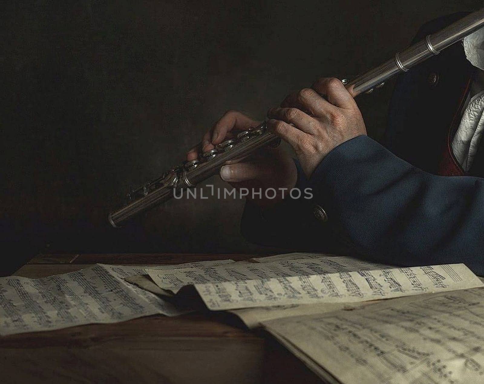 Flute instrument closeup Flutist hands playing flute music isolated on black background by Costin