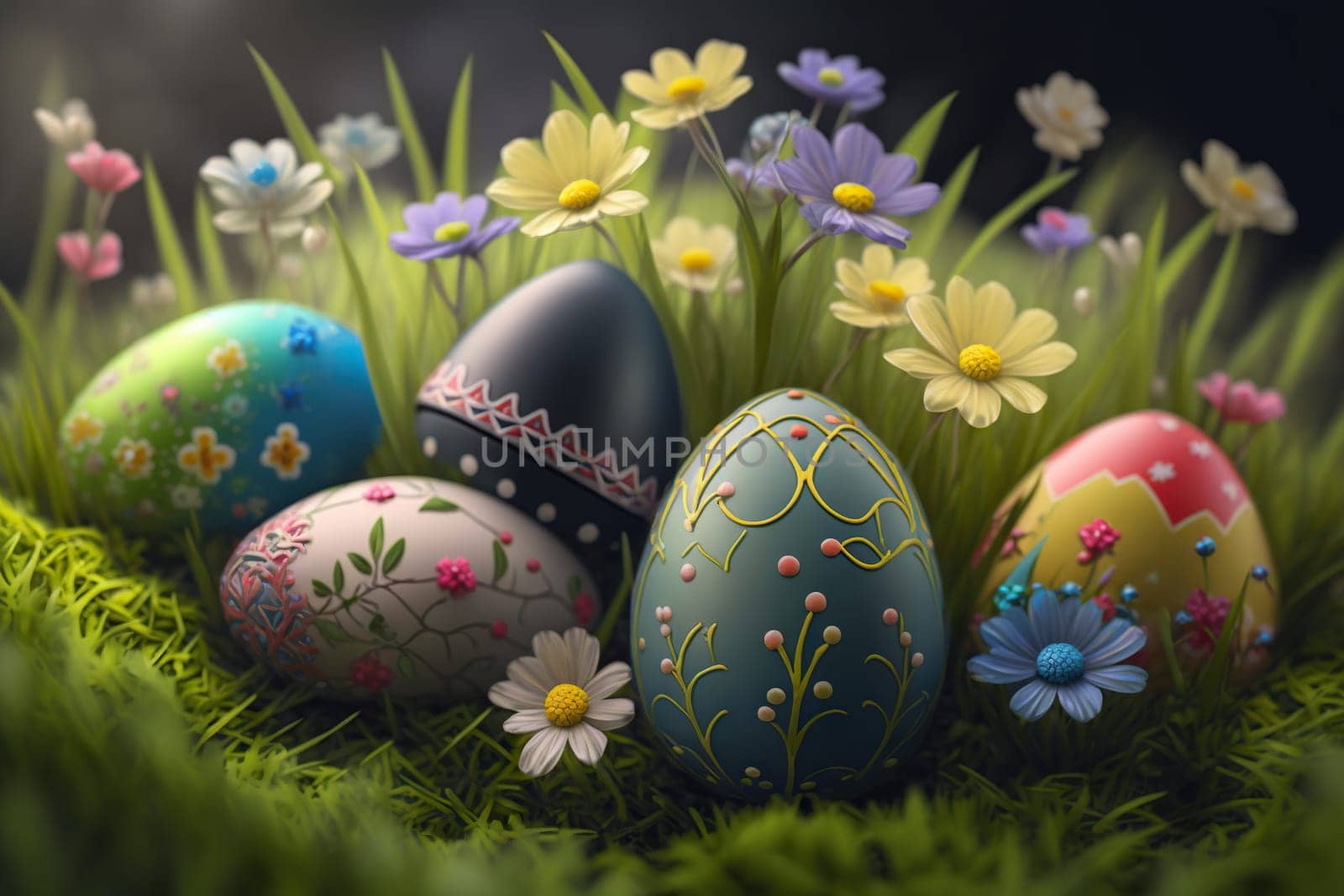 Decoratively painted Easter eggs nestled among vibrant spring flowers - Generative AI