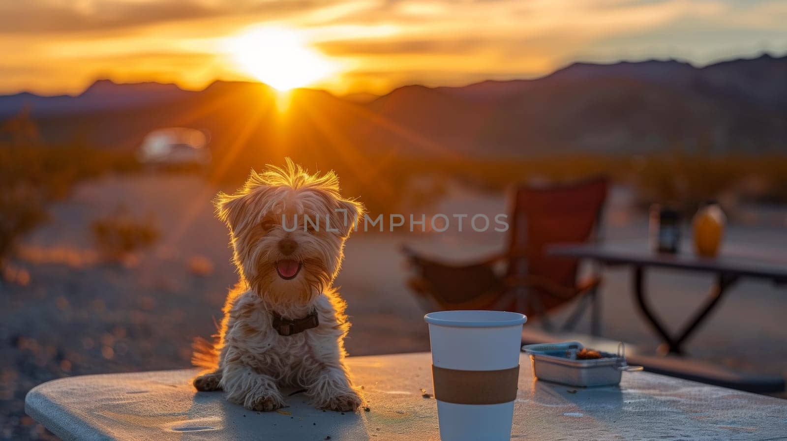 A small dog sitting on a table with cup in front of it