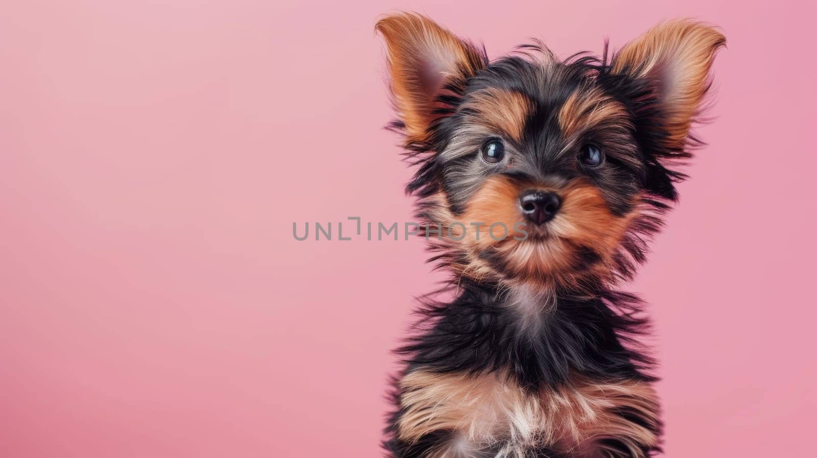 A small dog with a black and brown coat sitting on pink background, AI by starush