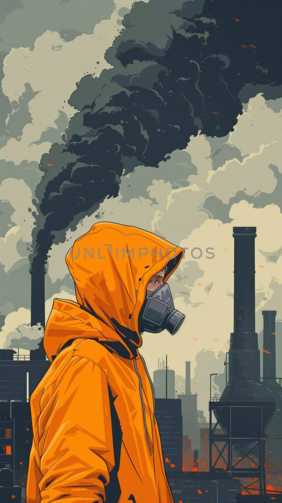 A man in a yellow jacket with an orange gas mask standing next to industrial buildings