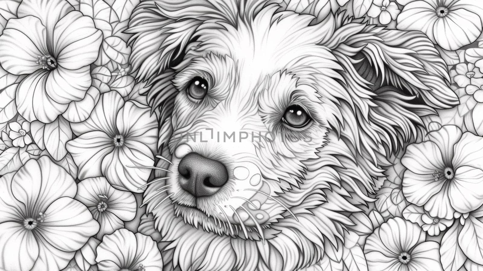 A dog is surrounded by flowers in this coloring page, AI by starush