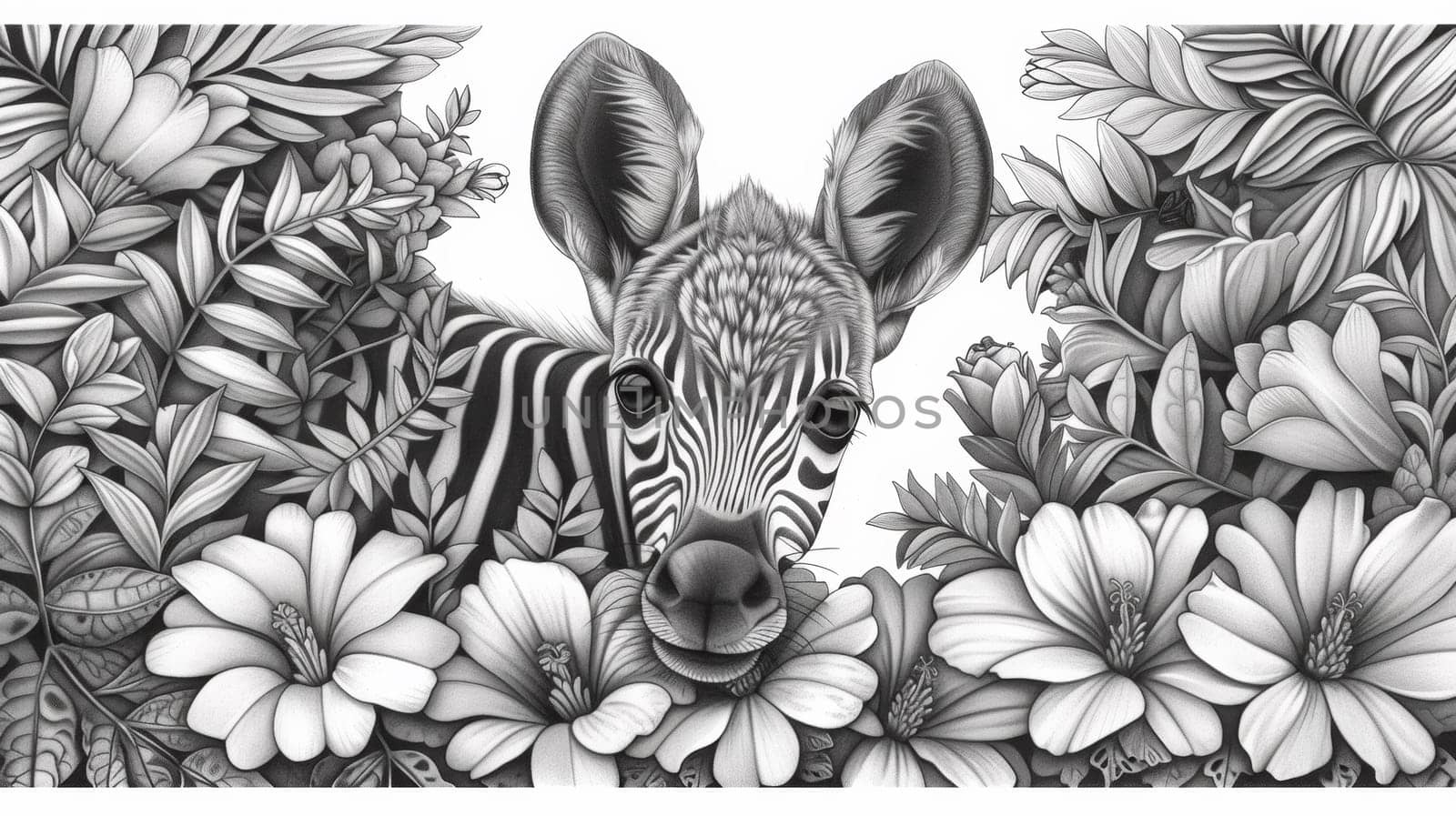 A black and white drawing of a zebra hiding in flowers, AI by starush