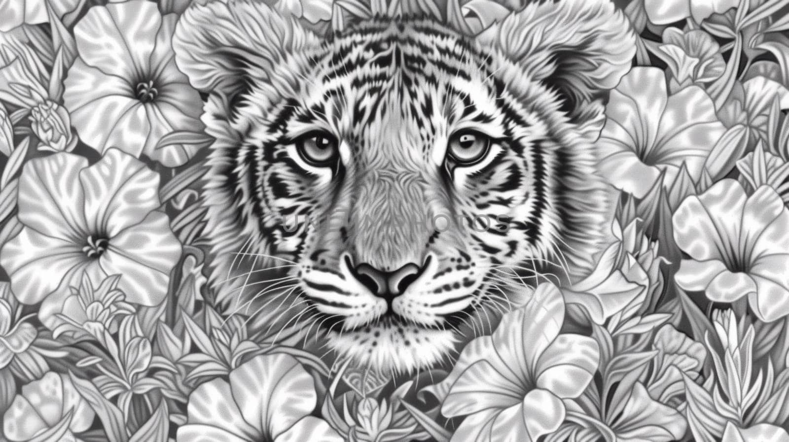 A tiger is surrounded by flowers in this black and white drawing, AI by starush