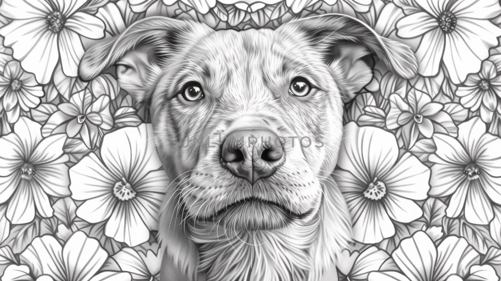 A dog is surrounded by flowers in a black and white drawing