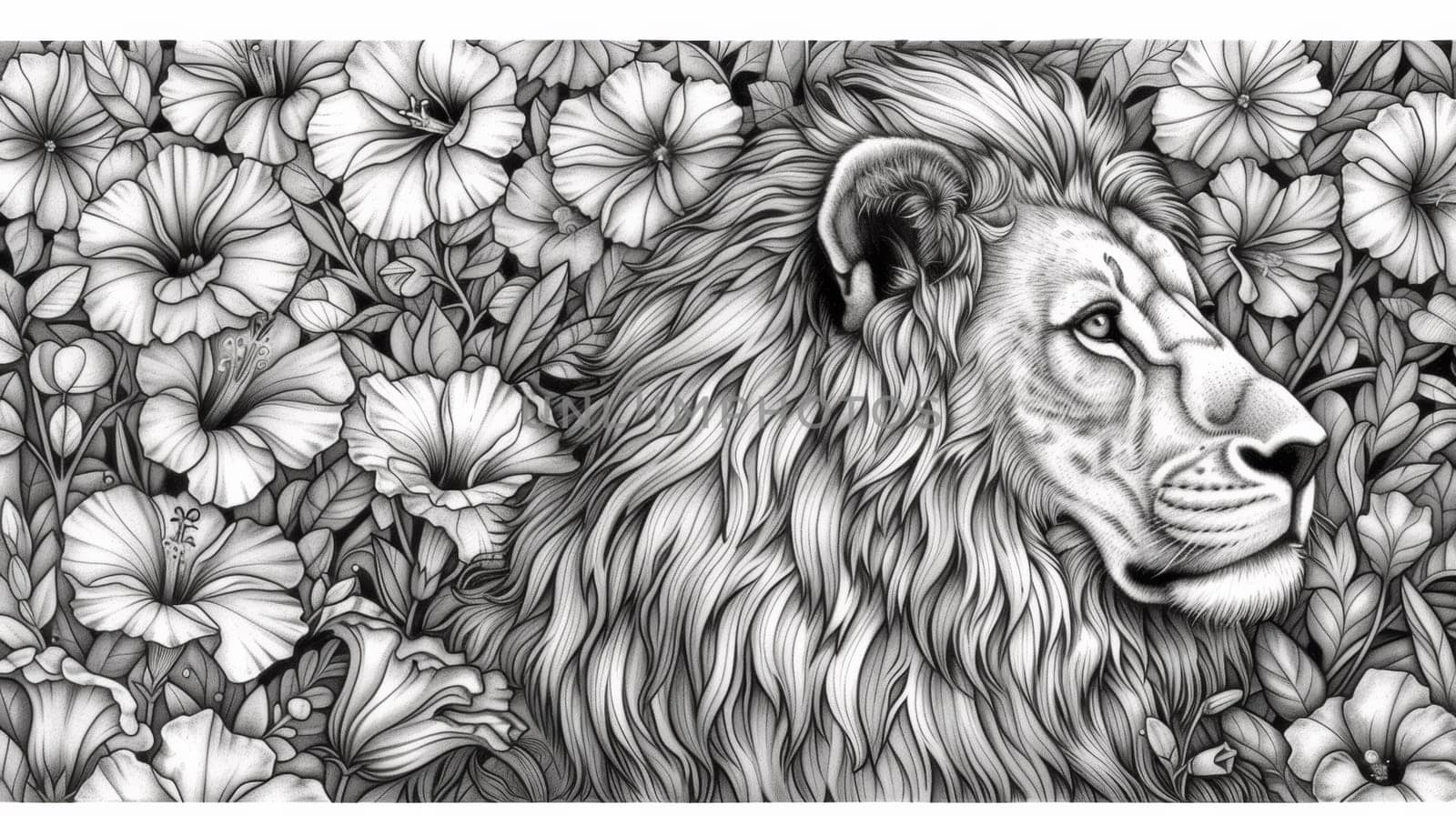 A black and white drawing of a lion surrounded by flowers