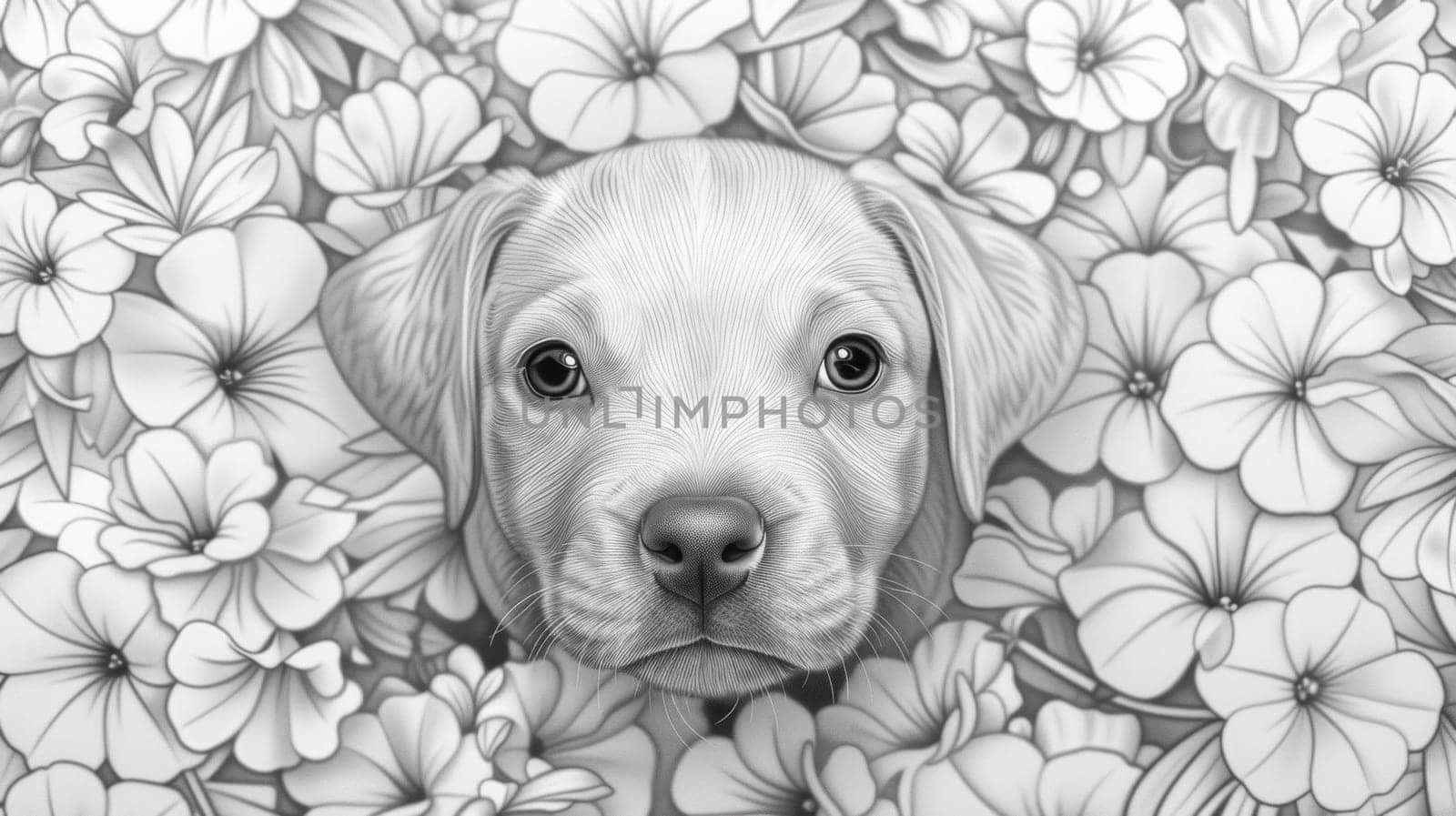 A black and white drawing of a dog in flowers