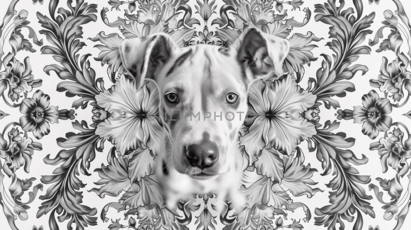 A dog is in a floral pattern on the black and white photo