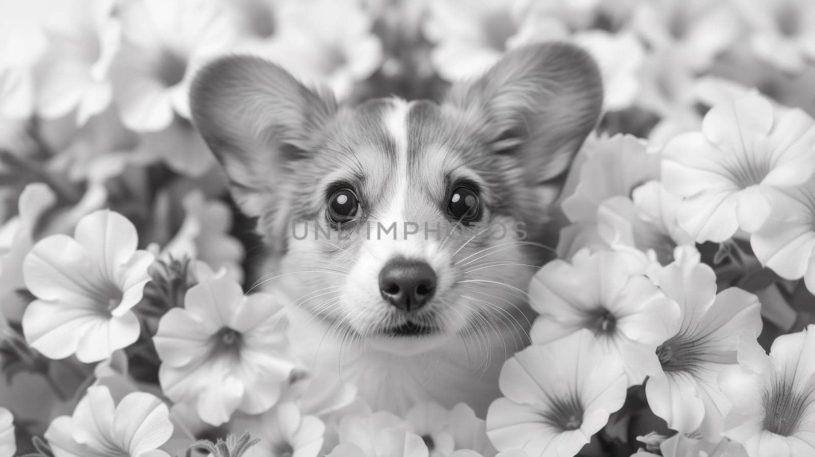 A black and white photo of a dog in the middle of flowers