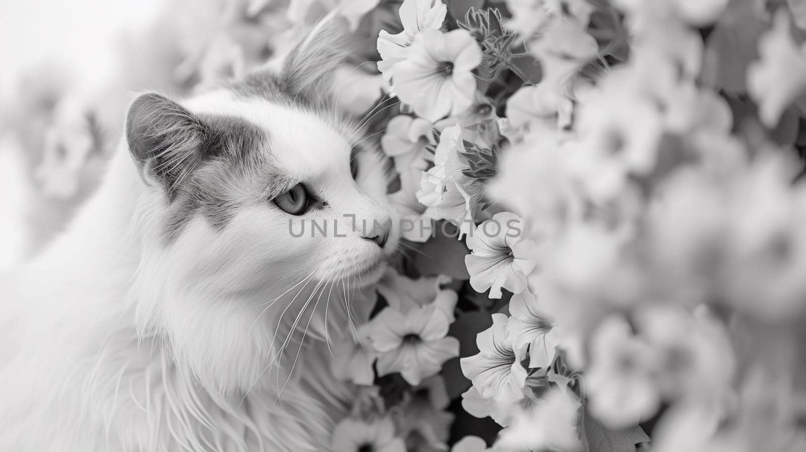 A cat is sniffing flowers in a garden with other plants