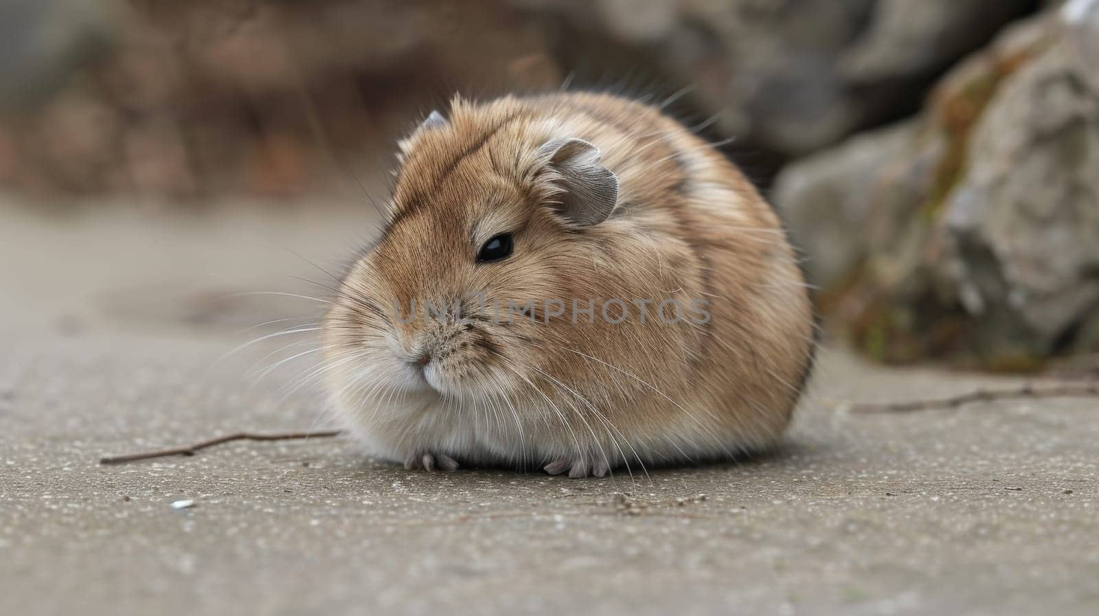 A brown and white hamster sitting on the ground next to a rock