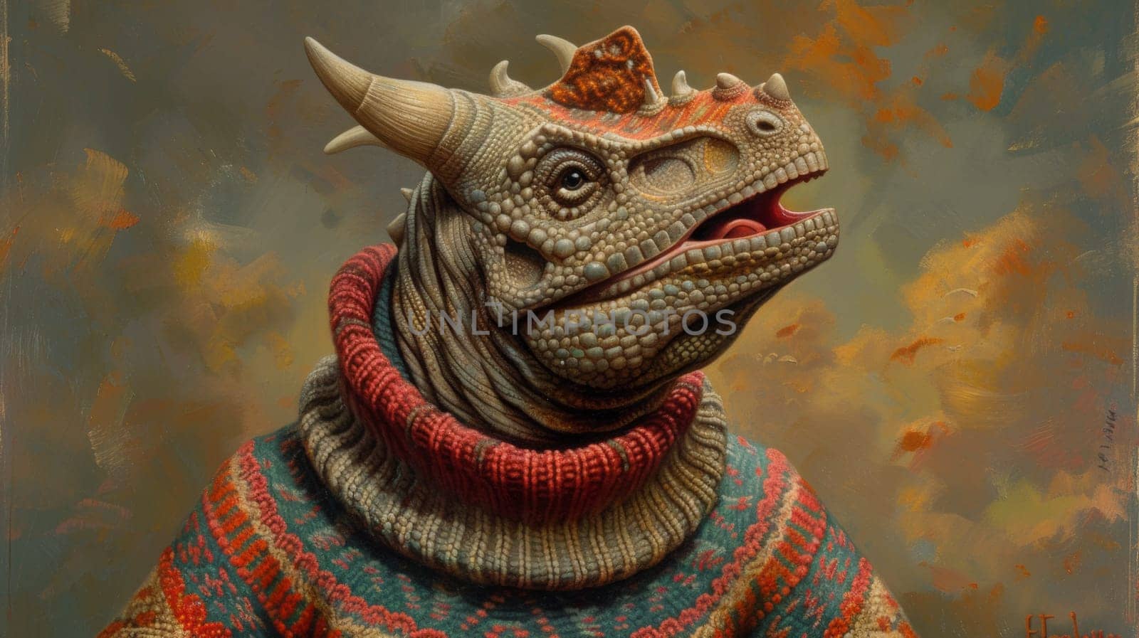 A painting of a dinosaur wearing an ugly sweater and hat