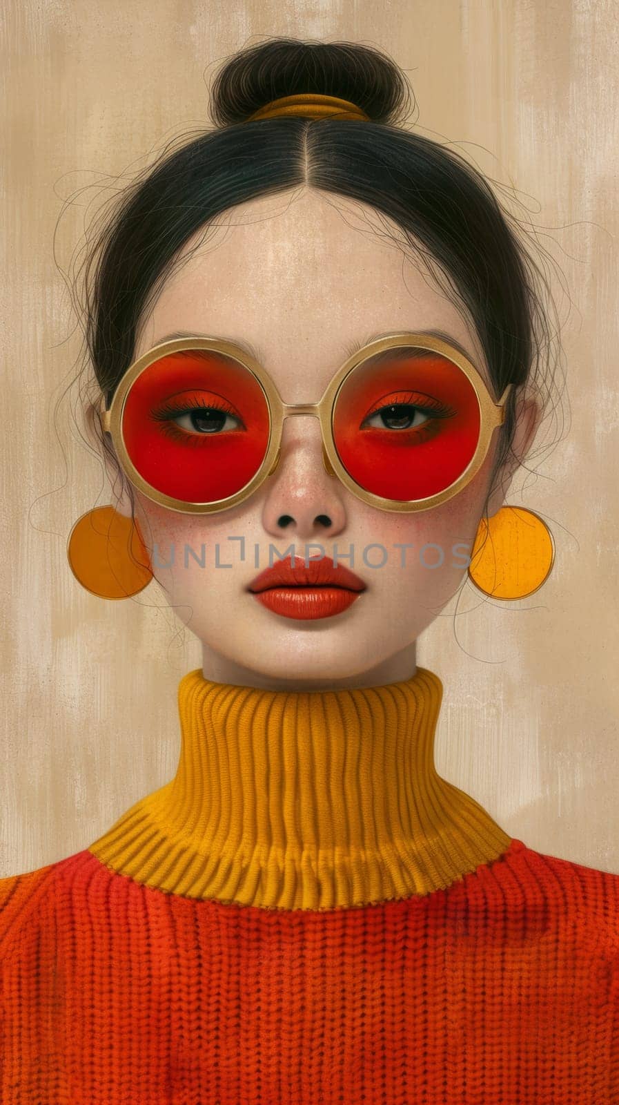 A woman with red lips and a yellow sweater is wearing sunglasses
