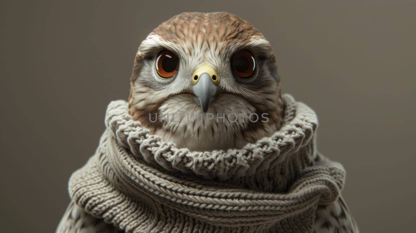 A close up of a bird wearing a sweater and looking at the camera