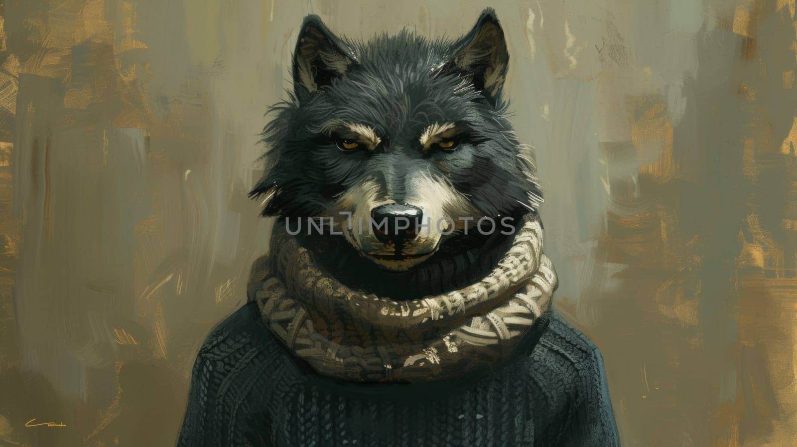 A painting of a wolf wearing a sweater and scarf