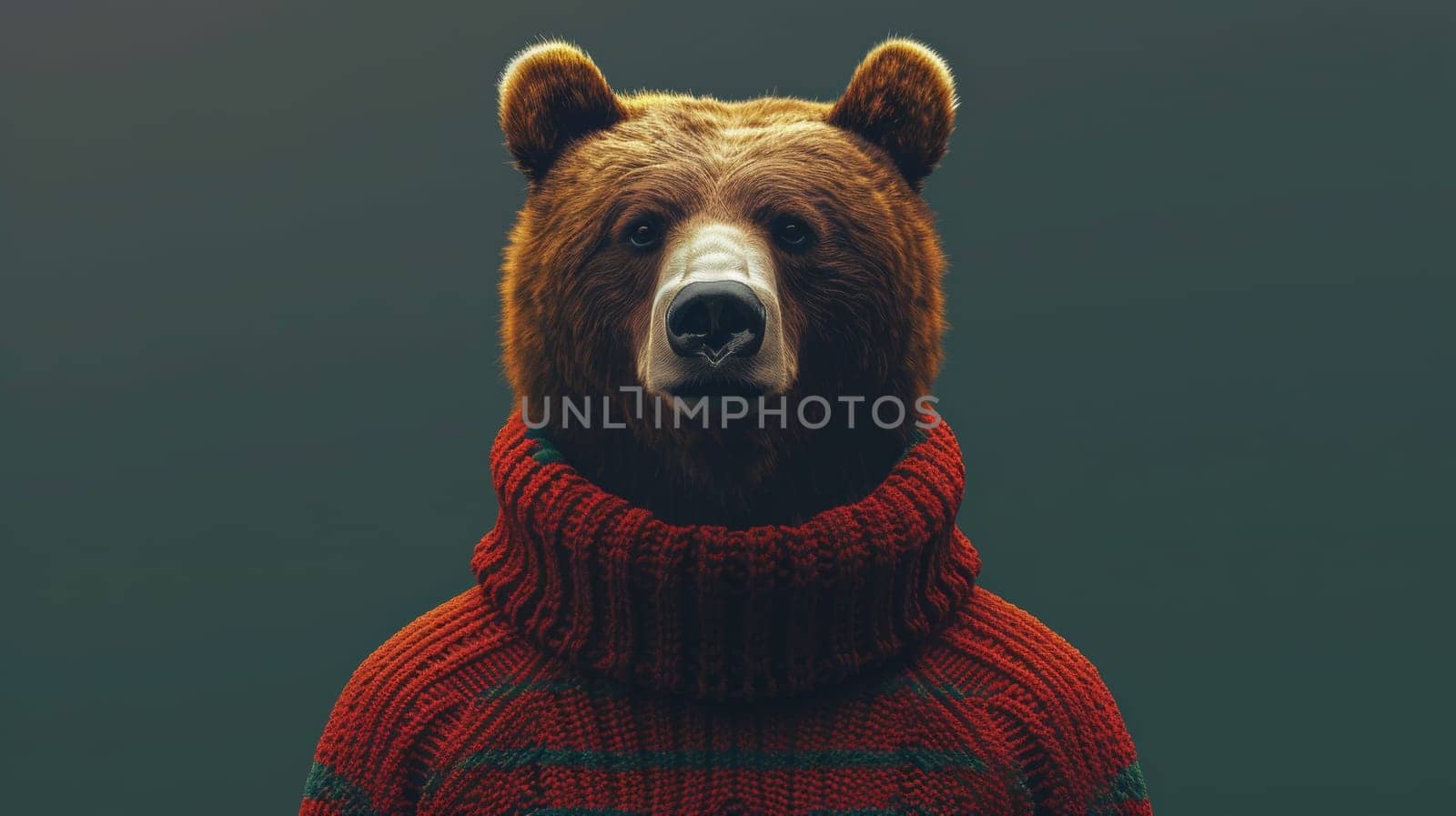 A bear wearing a sweater with the face of an animal