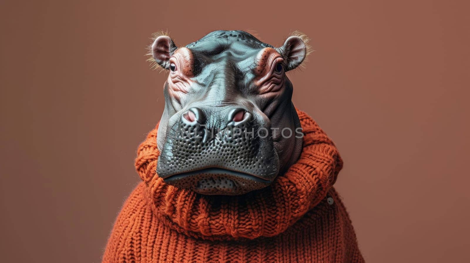 A hippo wearing a sweater with an orange color