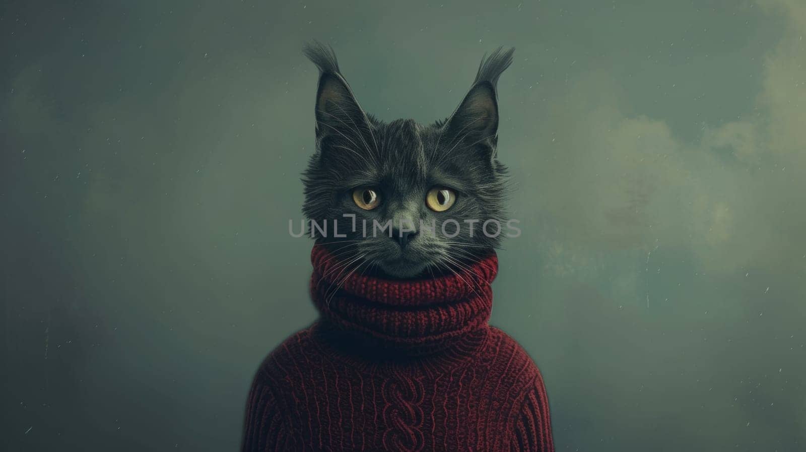 A black cat wearing a red sweater with an evil look on its face