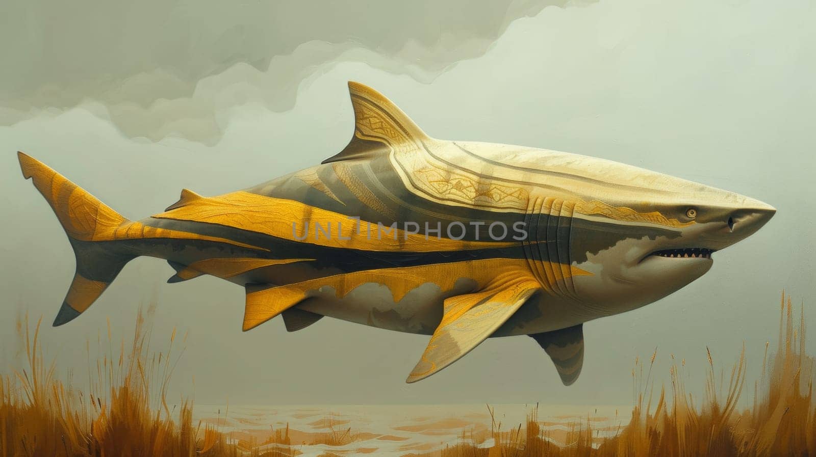 A large shark with a yellow and black pattern on it's body, AI by starush