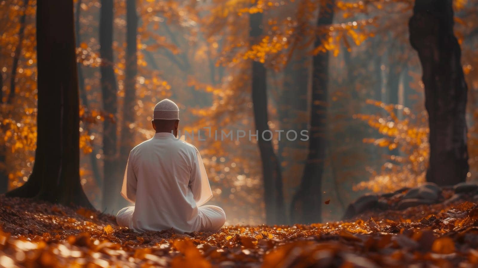 A man sitting in the middle of a forest with leaves on the ground