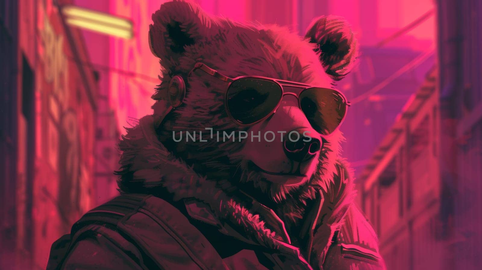 A bear wearing sunglasses and a jacket with the word "bear" on it