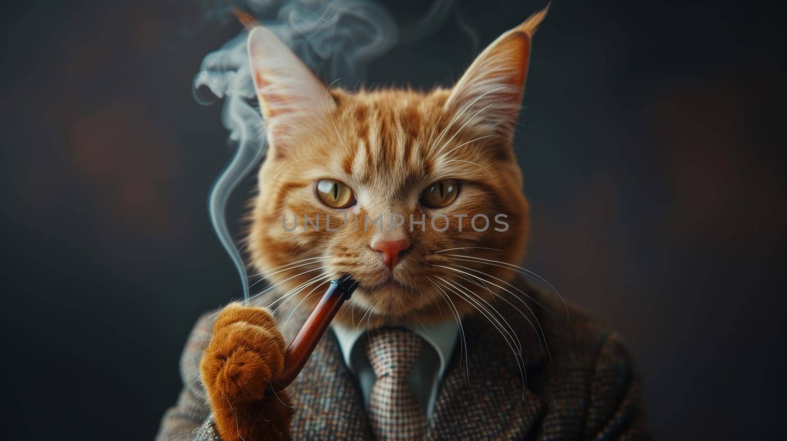 A cat in a suit smoking and holding a cigar