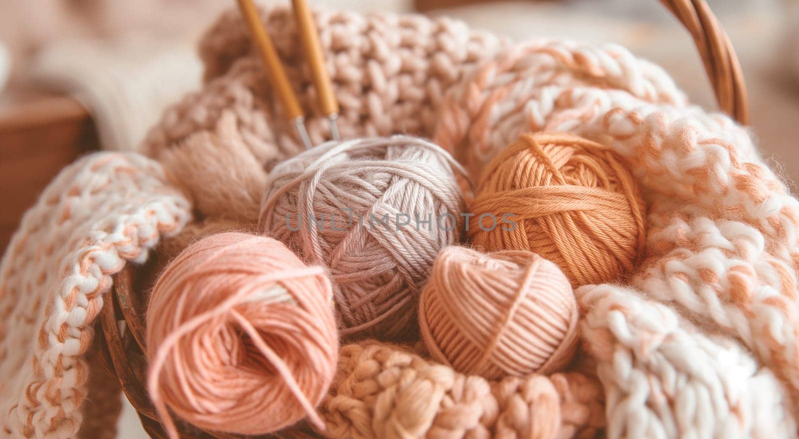 Yarn balls in a basket with knitting needles, warm tones. High quality photo