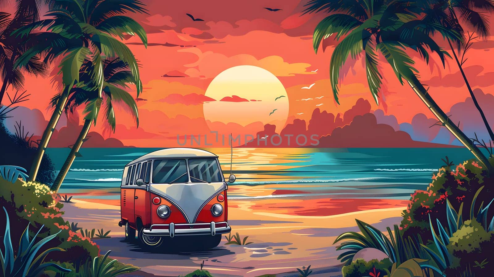 a red and white van is parked on the beach at sunset by Nadtochiy