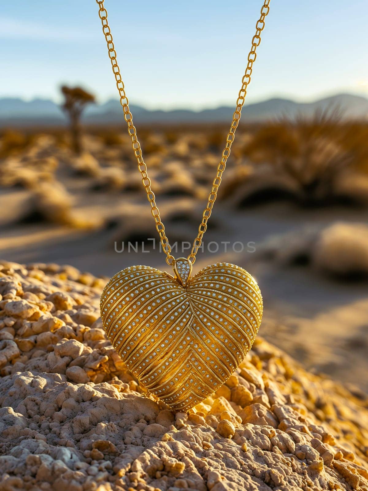 delicate golden heart pendant hanging above the cracked desert ground, backlit by the warm glow of the setting sun - valentine's day background - Generative AI