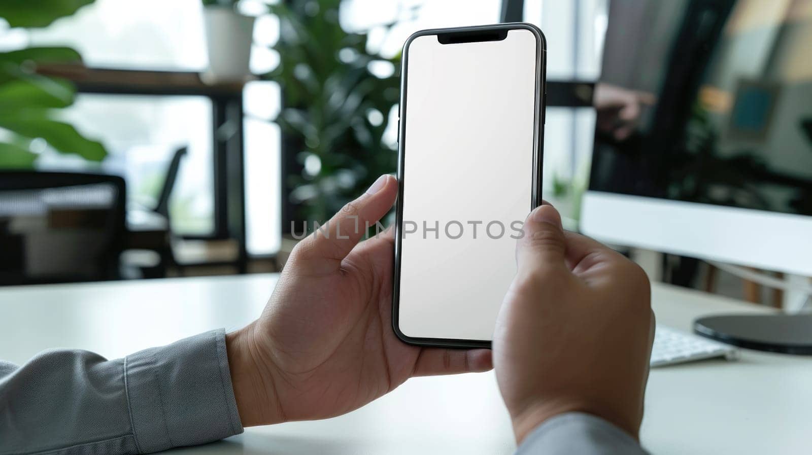 Hands on mobile phone, on screen there is a blank white, in office. Generative AI.