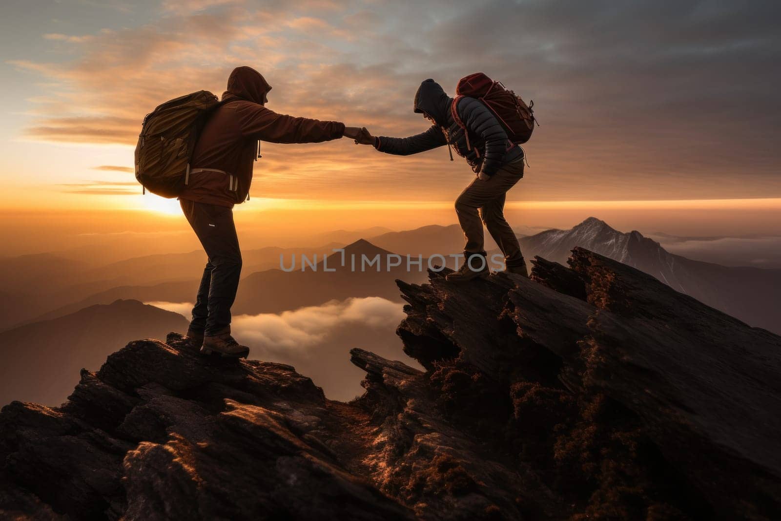 Hiker helping friend reach the mountain top. Generative AI.