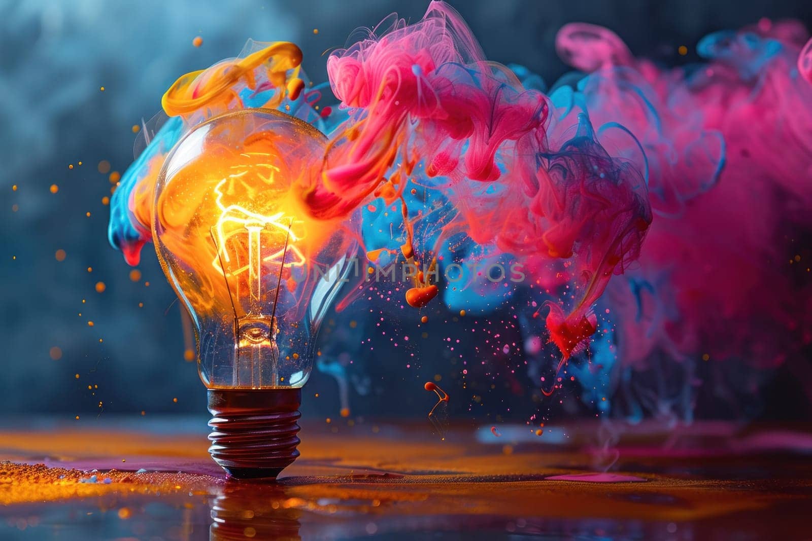 Creative light bulb explodes with colorful paint and colors new idea concept. Generative AI.