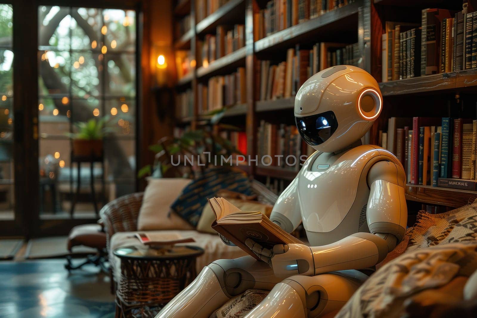 AI learning concept, robot reading book in library background. Generative AI.