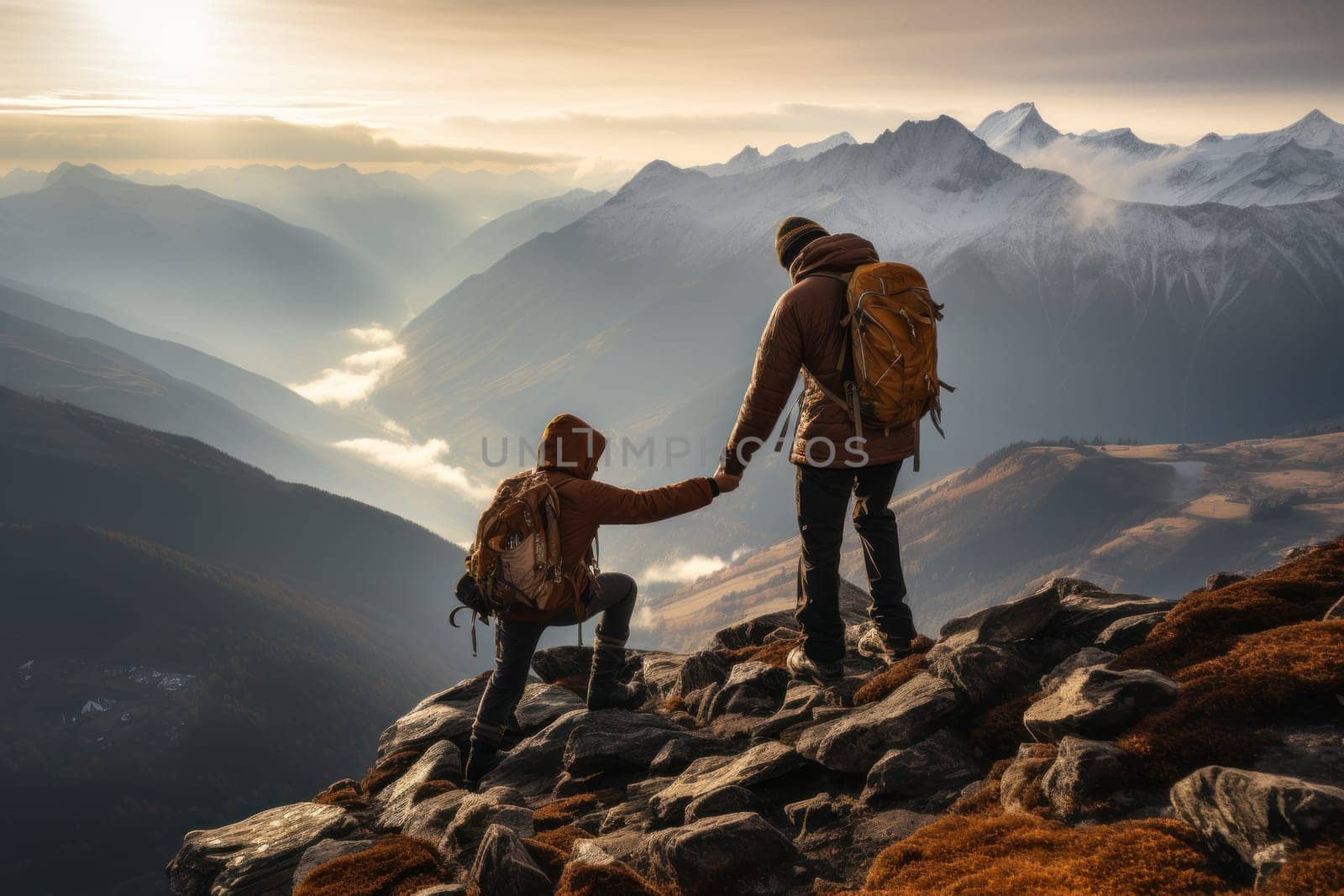 Hiker helping friend reach the mountain top. Generative AI.