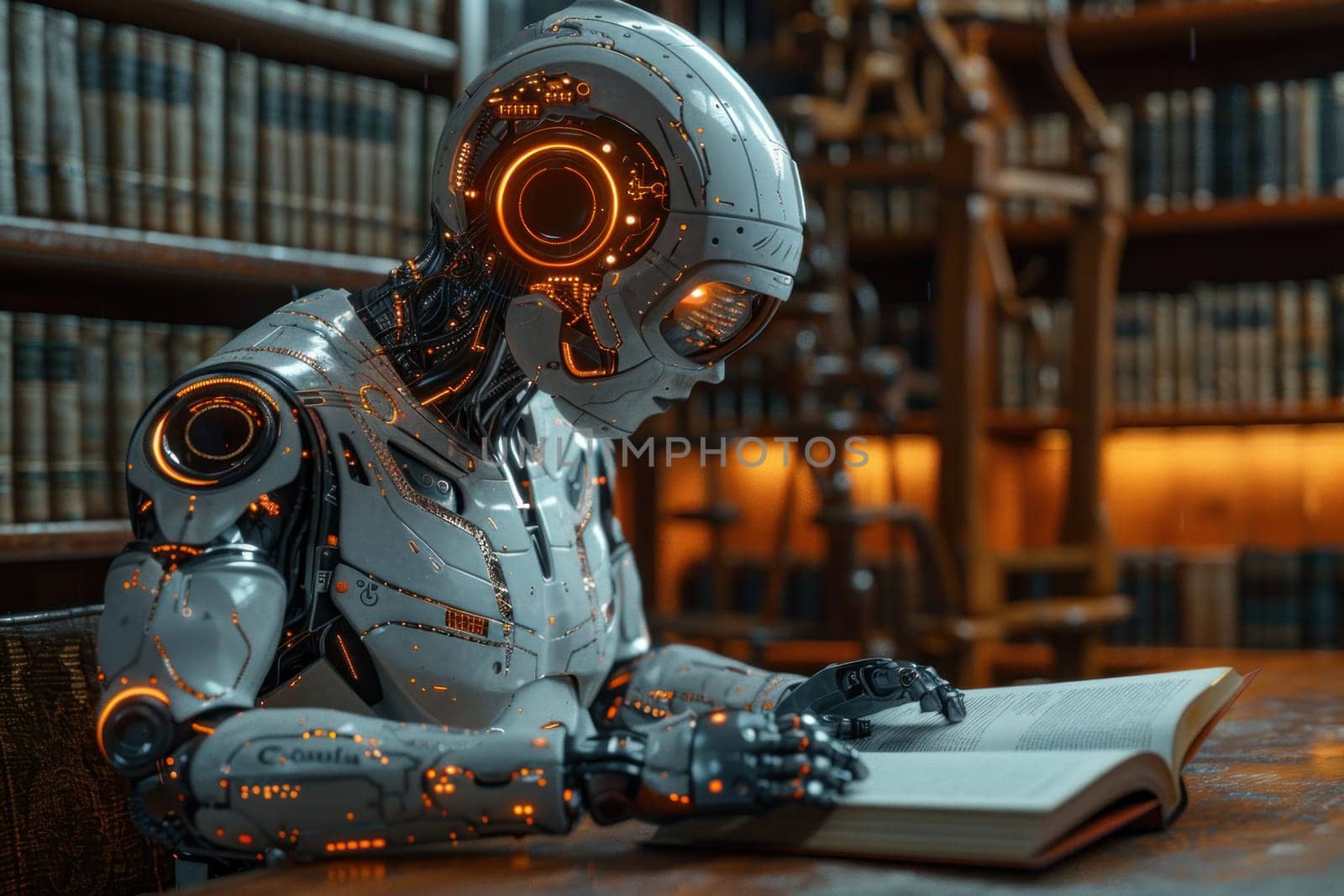 AI learning concept, robot reading book in library background. Generative AI.