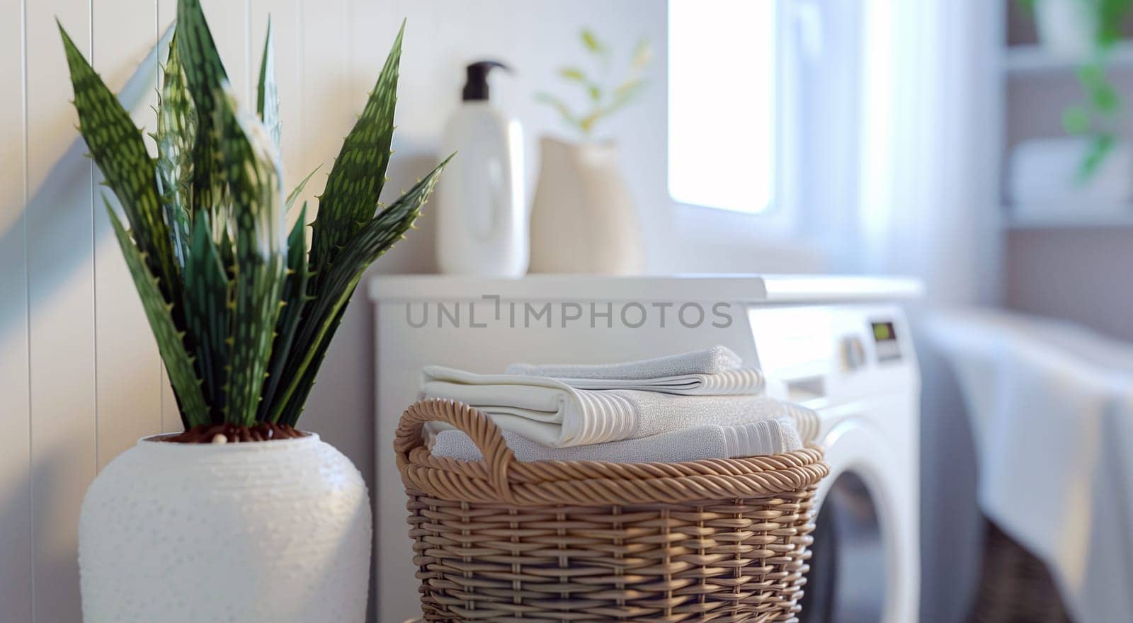 Cozy laundry room with fresh towels in basket, houseplant, and modern washing machine. by kizuneko