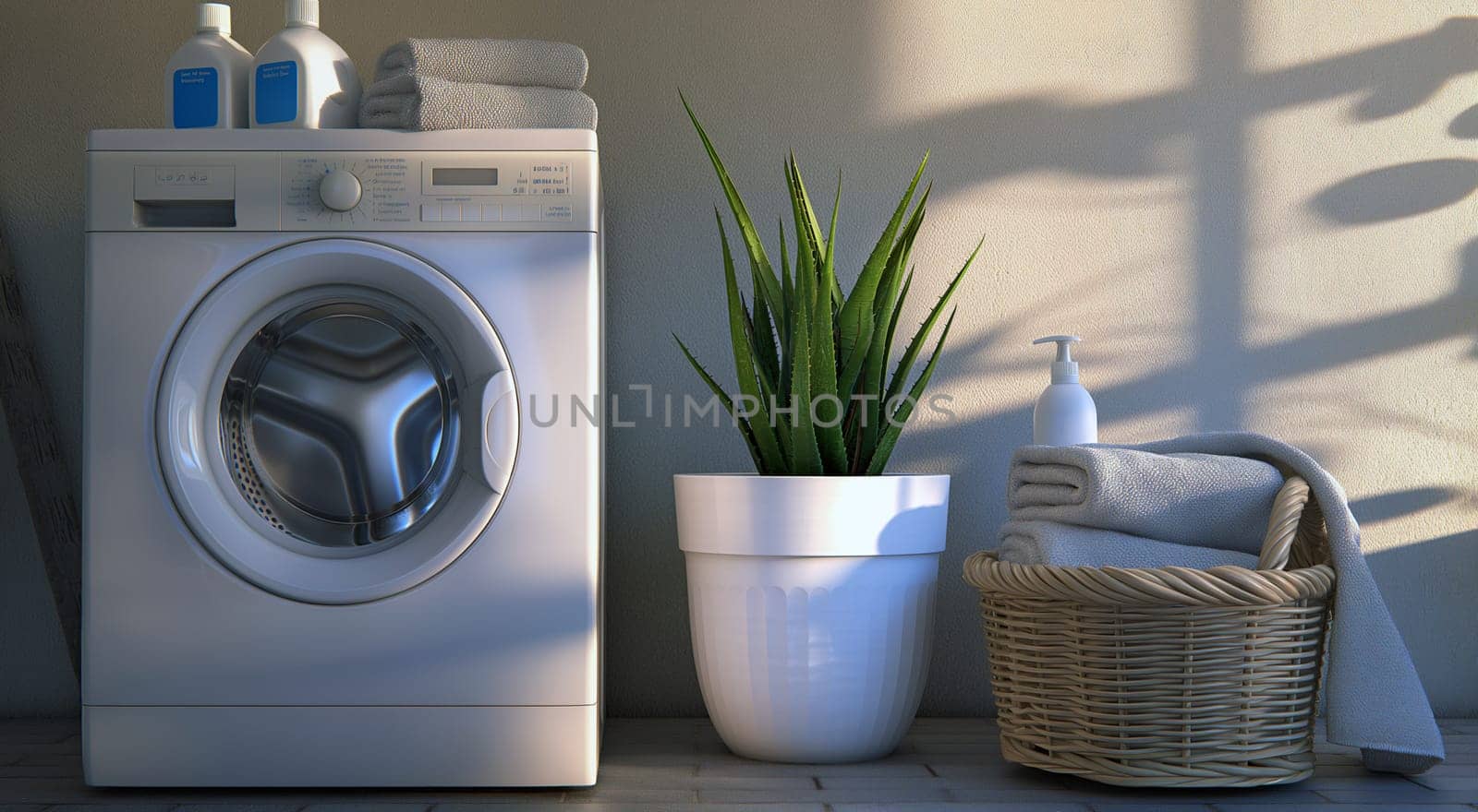 A washing machine, laundry basket, and a plant in a sunny room. by kizuneko